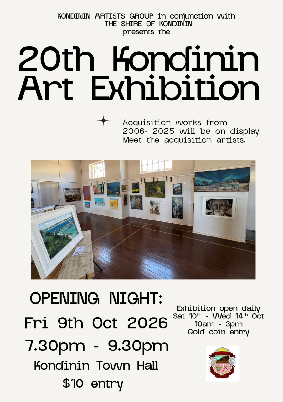 Kondinin Art Show Opening Night 9 October 2026,  Exhibition 10-14 October