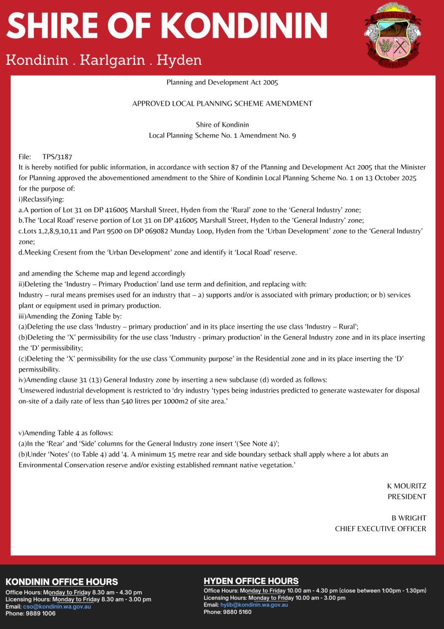 APPROVED LOCAL PLANNING SCHEME AMENDMENT  Shire of Kondinin Local
