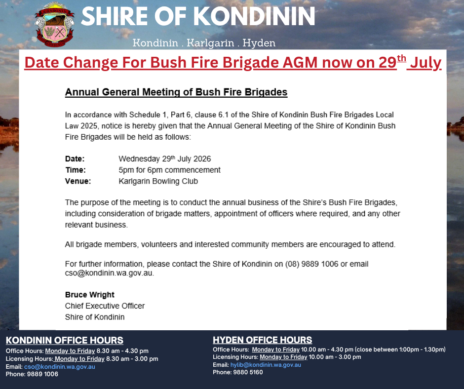Bush Fire Brigade AGM 29th July 2026