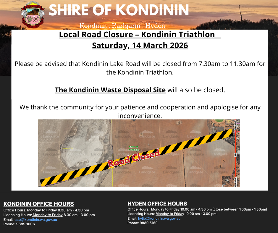 Road Closure for Kondinin Triathlon Saturday 14th March
