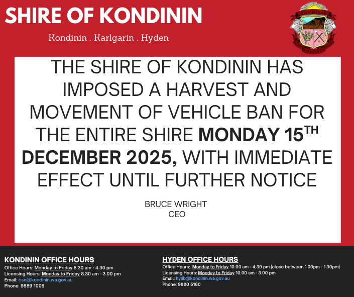 Harvest and Vehicle Movement Ban Monday 15th December