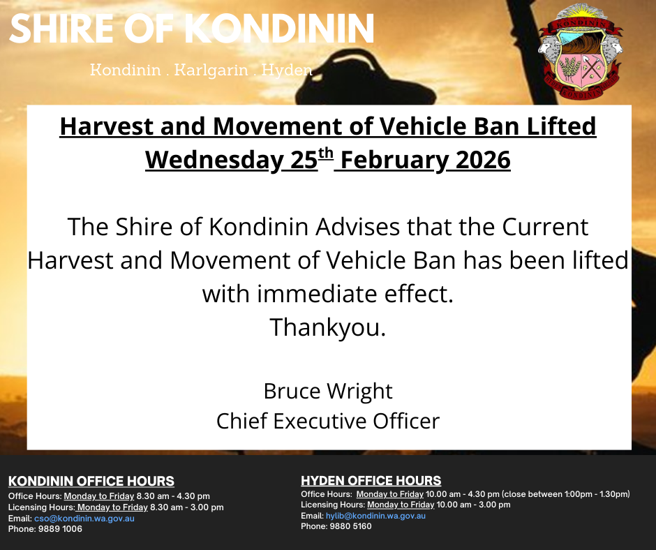 Harvest and Vehicle Movement Ban Wednesday 25th February 2026 Lifted