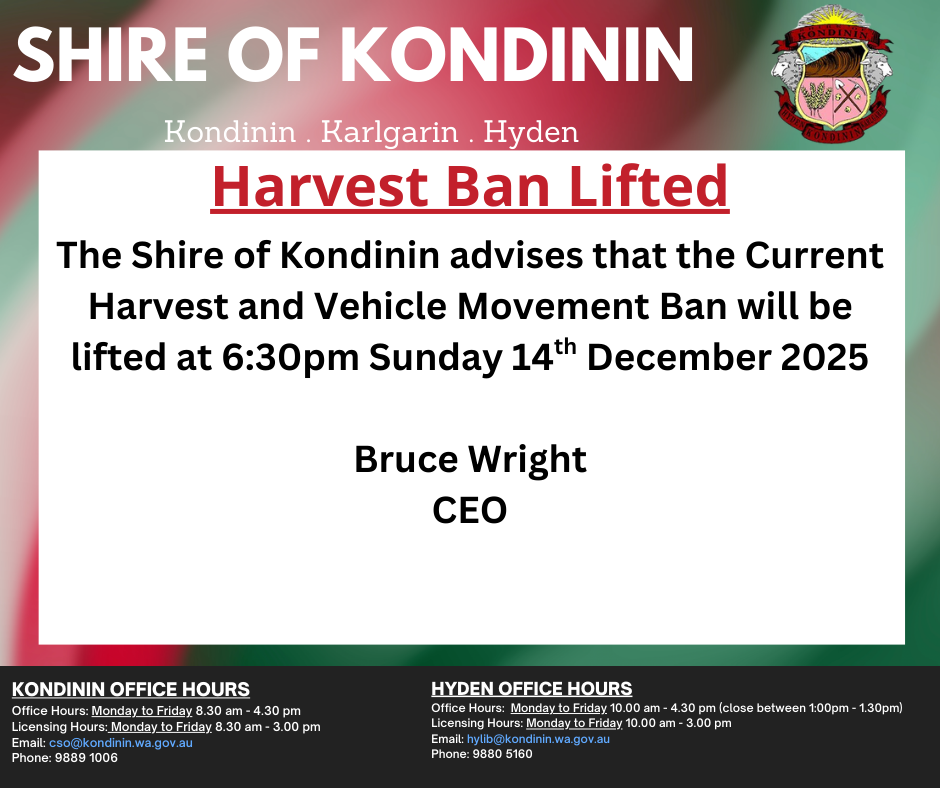 Harvest and Vehicle Movement Ban Sunday 14th December Lifted