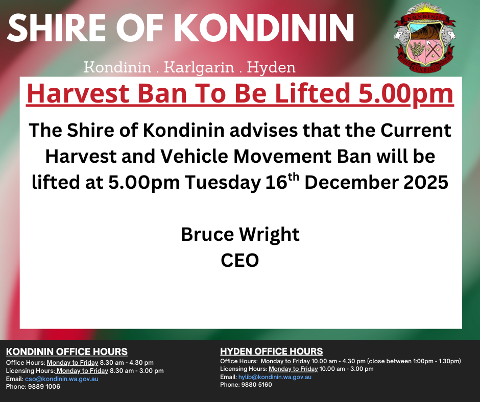 Harvest Ban to be lifted at 5.00pm Tuesday 16th December 2026