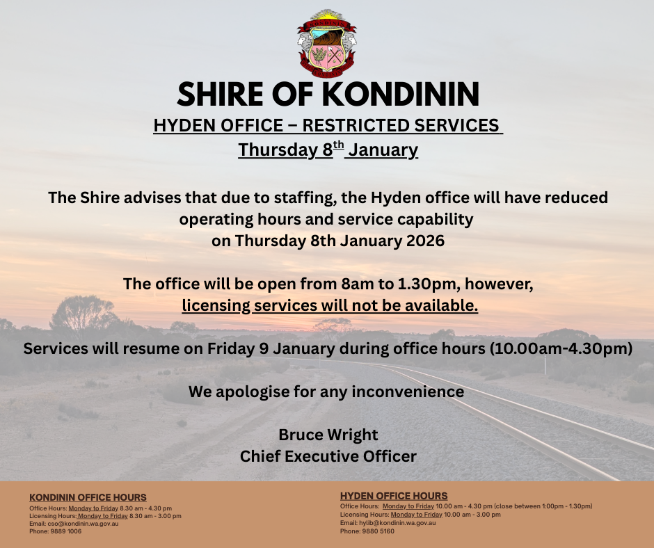 Hyden Office Restricted Services Thursday 8th January 2026