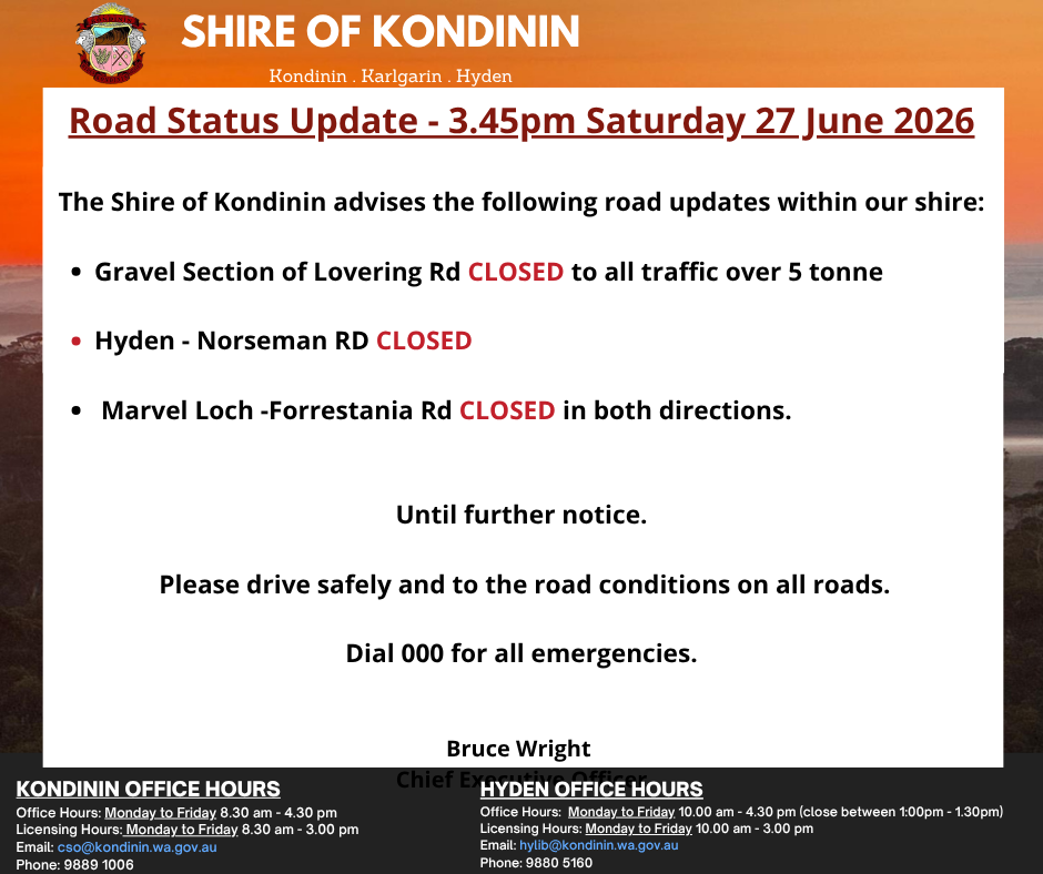 Road Status Update - 3.45pm Saturday 27 June 2026