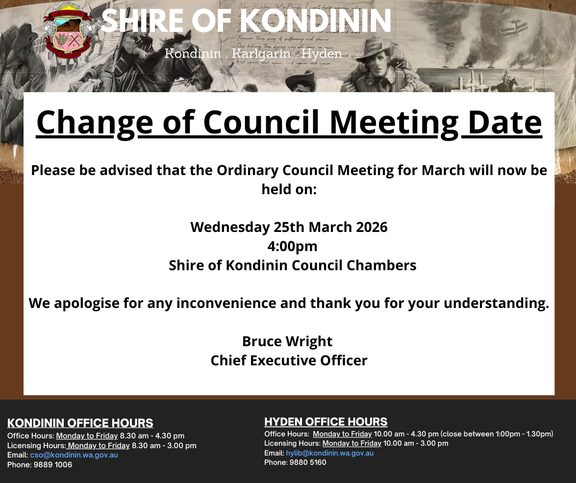 March Ordinary Council Meeting Date Change