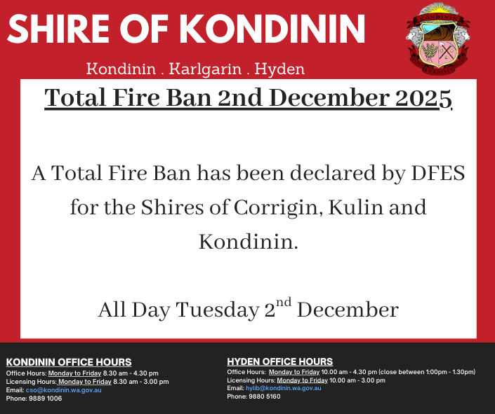 Total Fire Ban Tuesday 2nd December