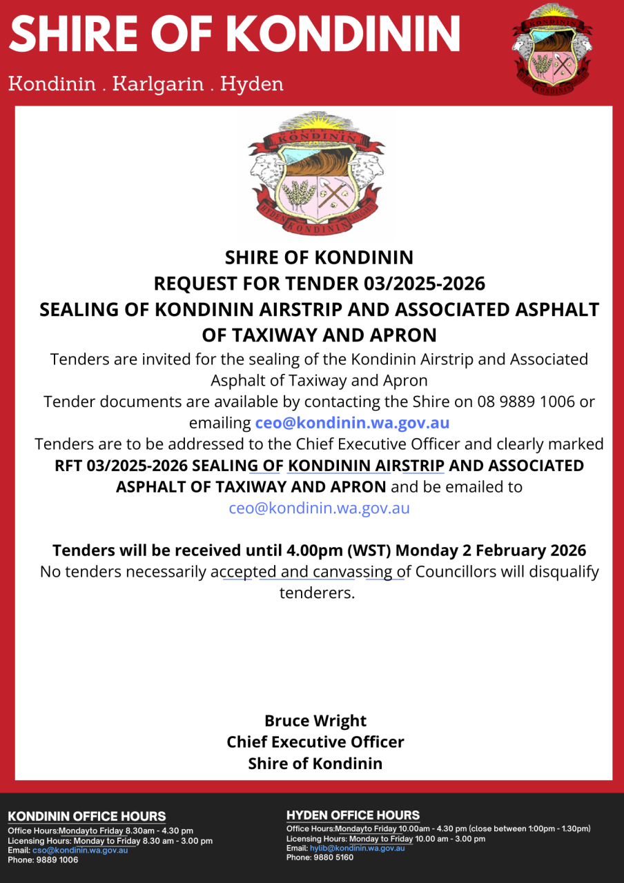 Request for Tender 03/2025-2026 Sealing of Kondinin Airstrip and